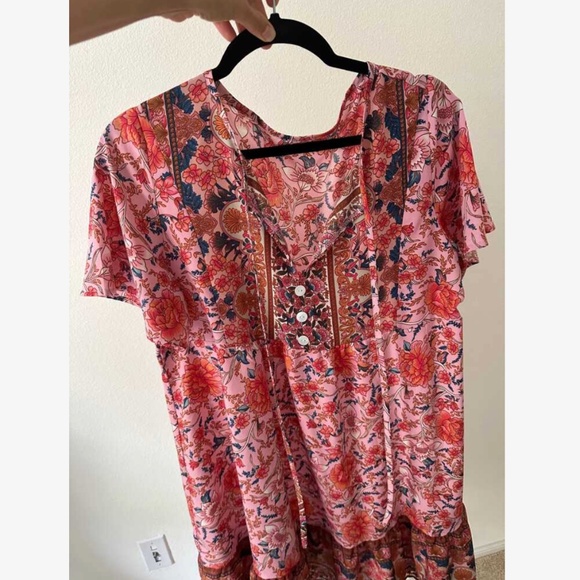 Floral Print Pink Red Flowy Loose Fitting Short Sleeve Mini Dress Neck Ties - Picture 11 of 16